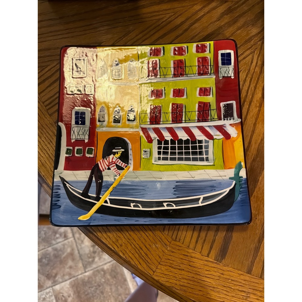 Naylor Designs Handpainted Venice Gondola Square Ceramic Platter 10in 2005